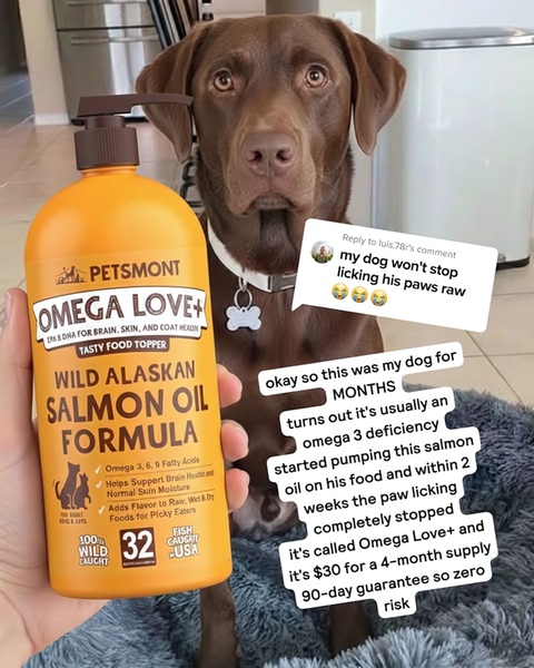This ad features a dog with a bottle of salmon oil and a customer comment overlay to address common pet owner pain points like paw licking.